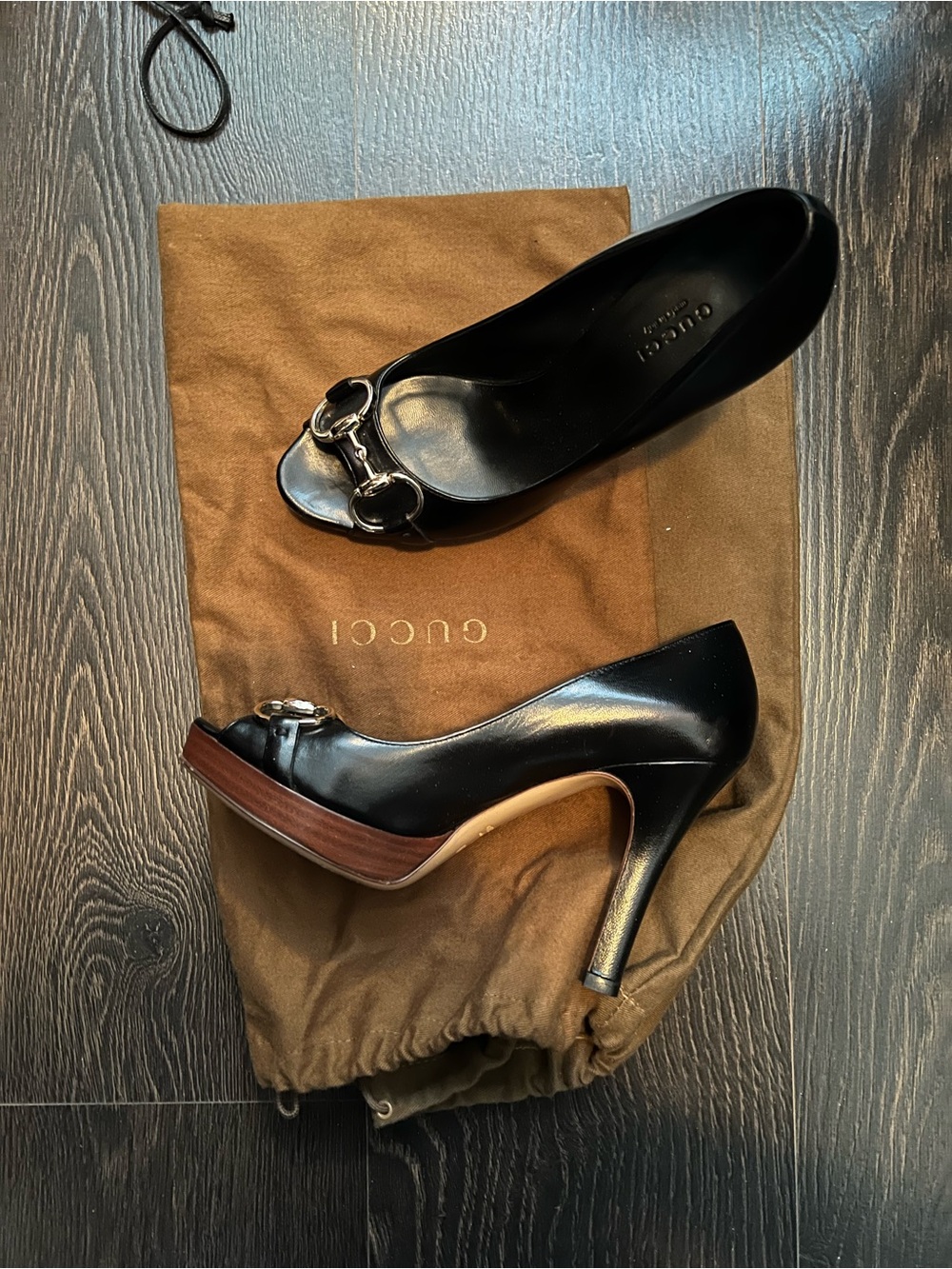 Gucci Black Leather Peep-Toe Heels with Silver Horsebit & Wood Platform